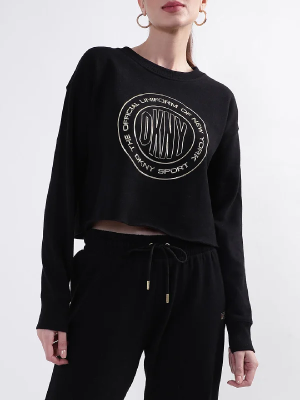 DKNY Women Black Printed Round Neck Sweatshirt