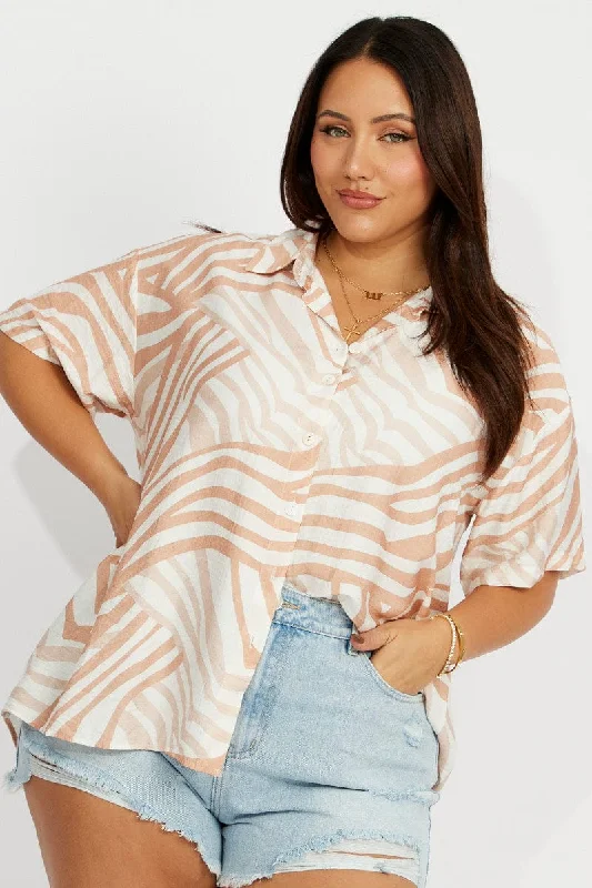 Beige Abstract Relaxed Shirt Short Sleeve