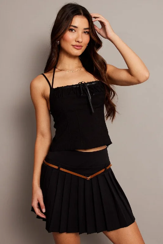 Black Cami Top Sleeveless Ruched Ribbon