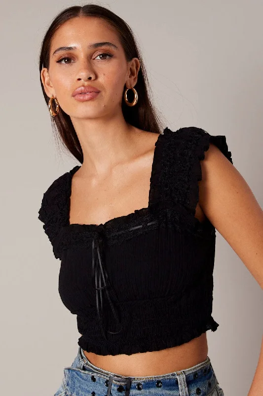 Black Crop Top Sleeveless Shirred Waist Satin Bow