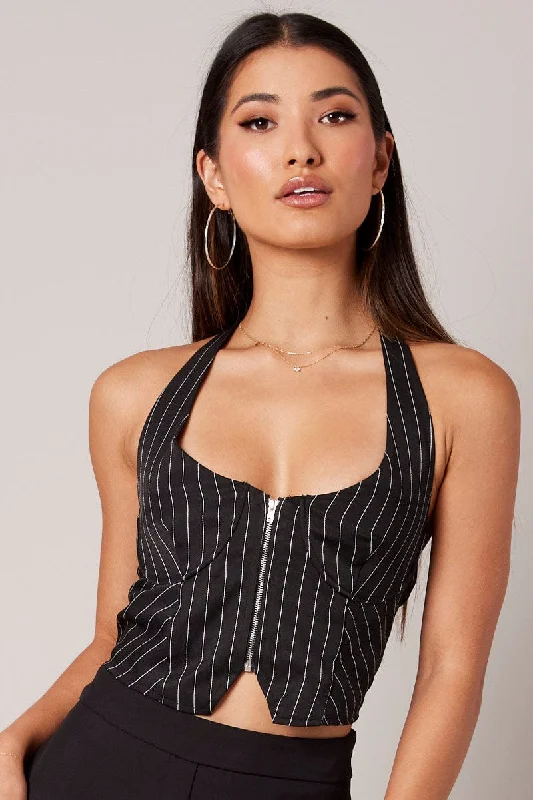 Black Stripe Halter Top Underwire Pinstripe Crop Top