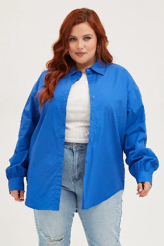 Blue Long Sleeve Oversized Cotton Shirt