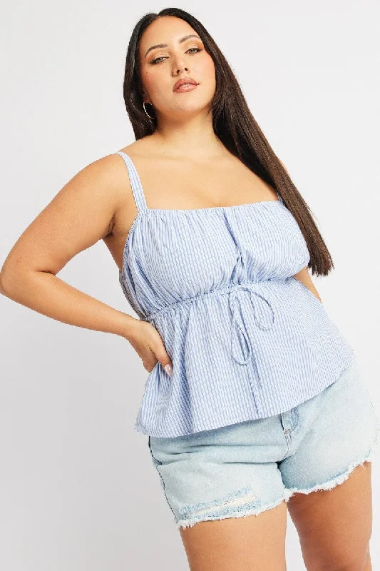 Blue Stripe Cami Top Sleeveless Stripe Front Tie