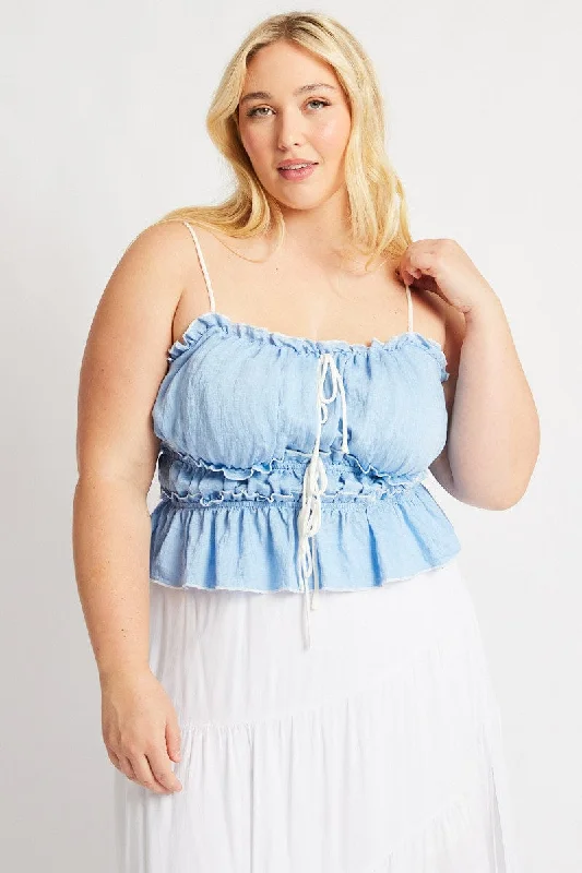 Blue Tiered Cami Top Sleeveless Front Ribbon