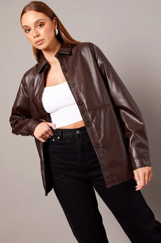 Brown Faux Leather Shacket Long Sleeves