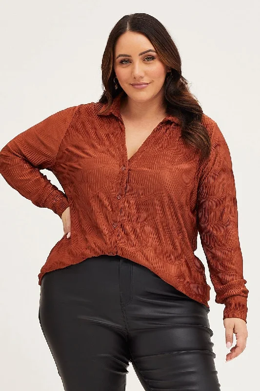 Brown Oversized Shirt Plisse Long Sleeve