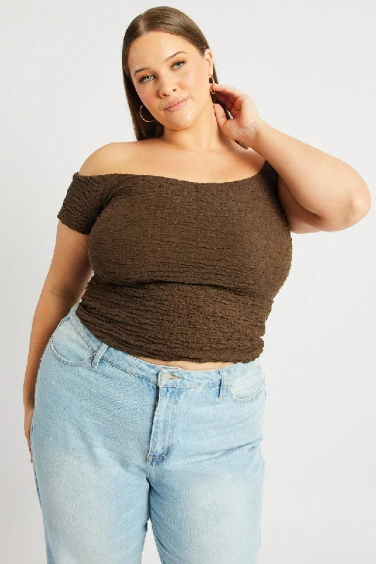 Brown Top Off Shoulder Textured