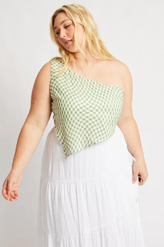 Green Check Scarf Top One Shoulder