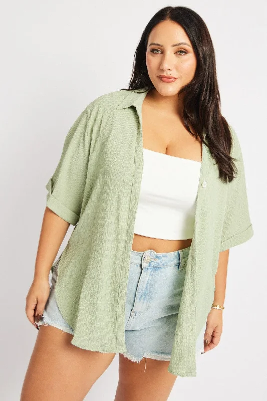 Green Relaxed Shirt Short Sleeve Textured