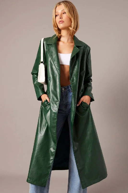 Green Trench Coat Long Sleeves Faux Leather