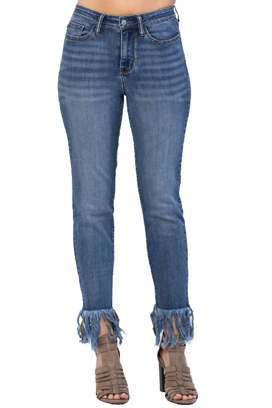 High Rise Frayed Hem Relaxed Fit Jean In Dark Wash