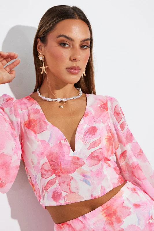 Multi Floral Plunge Crop Top Balloon Sleeve Tie back