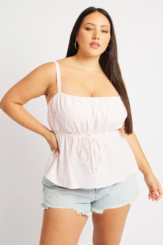 Pink Stripe Cami Top Sleeveless Stripe Front Tie