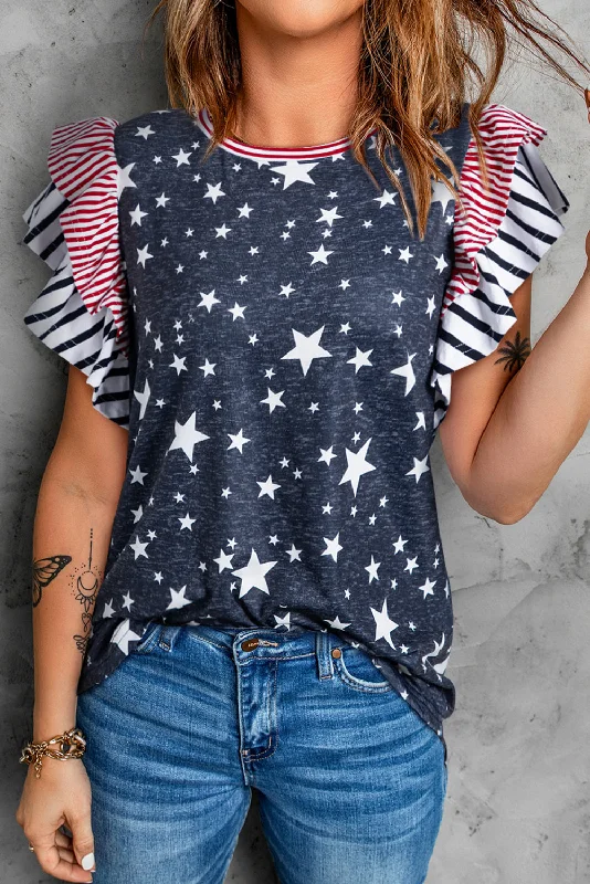 Ruffled Sleeve Star Print T Shirt