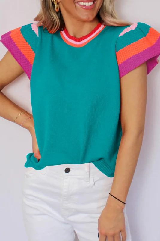 Contrast Flutter Sleeves Knitted Sweater T Shirt