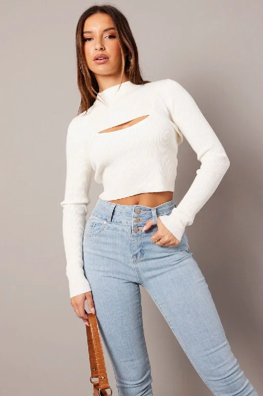 White Knit Top Long Sleeve Shrug and Cami Set