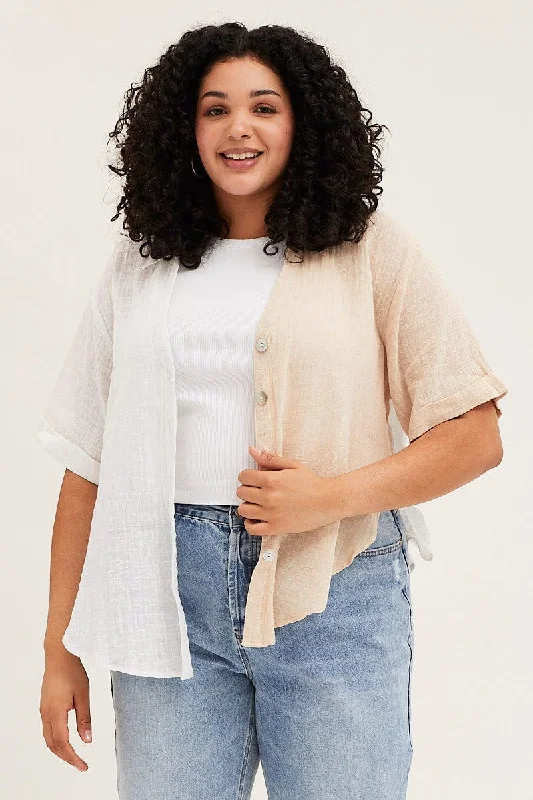 White Short Sleeve V-neck Loose Fit Color Block Shirt