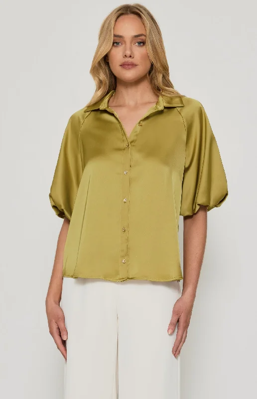 Winnie & Co. Gold Button Detail Satin Shirt Olive