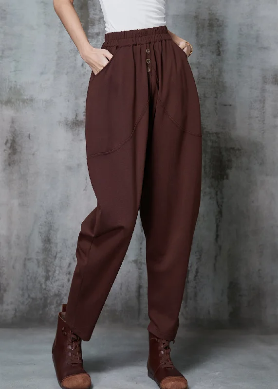 Caramel Cotton Harem Pants High Waist Button Spring