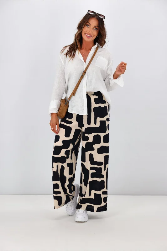 New U Collection Hannah Geo Print Wide Leg Pant Black Beige