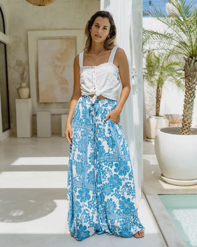 Tatiana Blue Floral Boho Wide Leg Pants