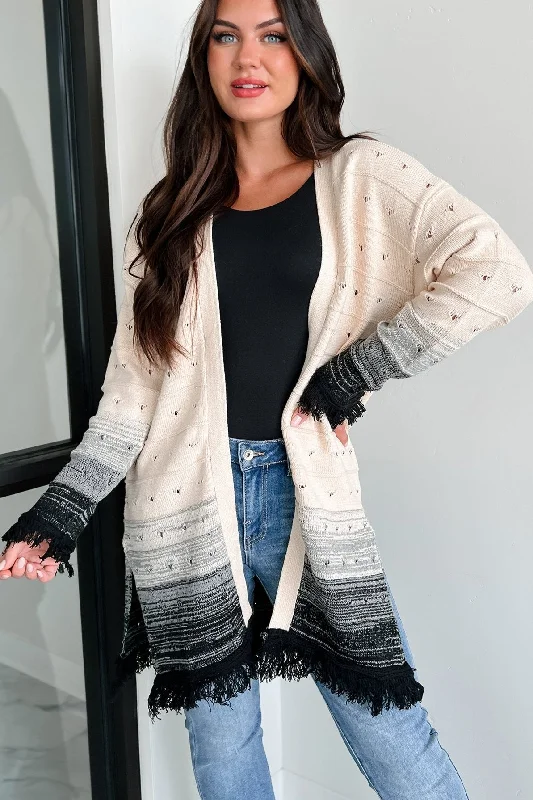 Autumn Weather Ombre Fringe Cardigan (Natural/Black)