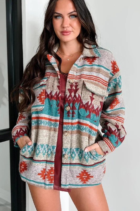 Dreaming Of The Desert Aztec Print Shacket (Teal)