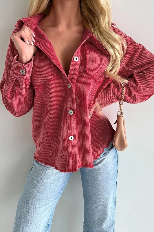 Won't Wait Around Washed Corduroy Shacket (Hot Pink)