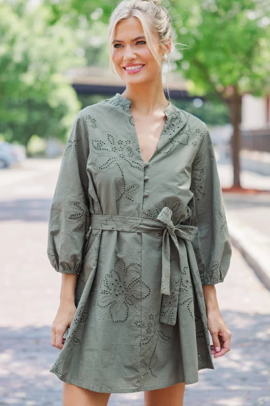 On This Day Olive Green Eyelet Dress