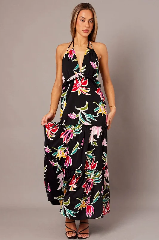 Black Floral Halter Neck Ruffle Tiered Maxi Dress