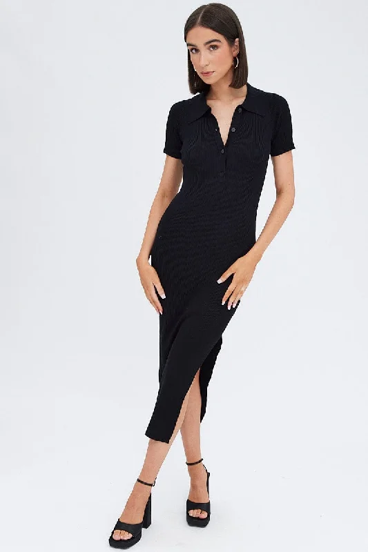 Black Knit Dress Short Sleeve Maxi Collared