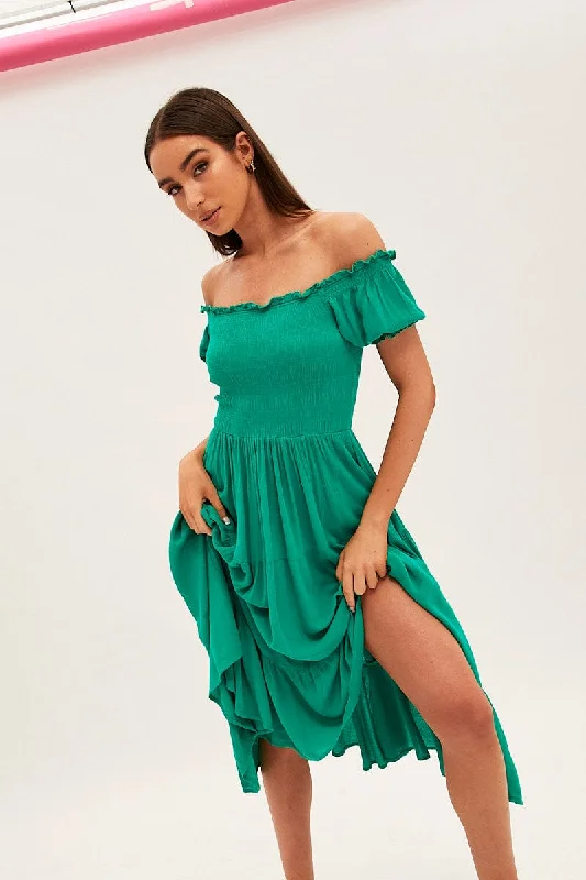 Green Maxi Dress Puff Sleeve Square Neck