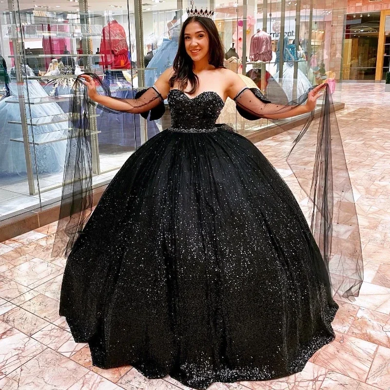 Black Shiny Quinceanera Dresses Birthday Off Shoulder Formal Ball Gown Beading Crystal Sequined Party Dresses Vestido De 15