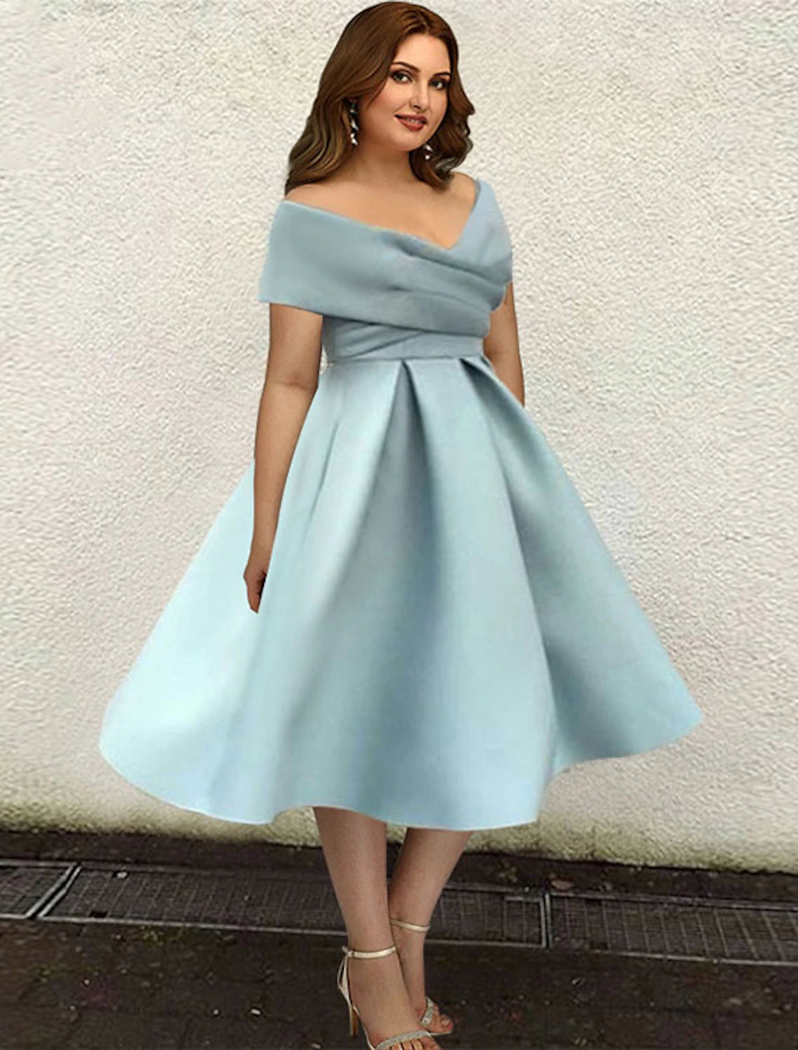 A-Line Cocktail Dresses 1950s Dress Wedding Guest Cocktail Party Tea Length Short Sleeve V Neck Satin with Sleek Pleats Pure Color