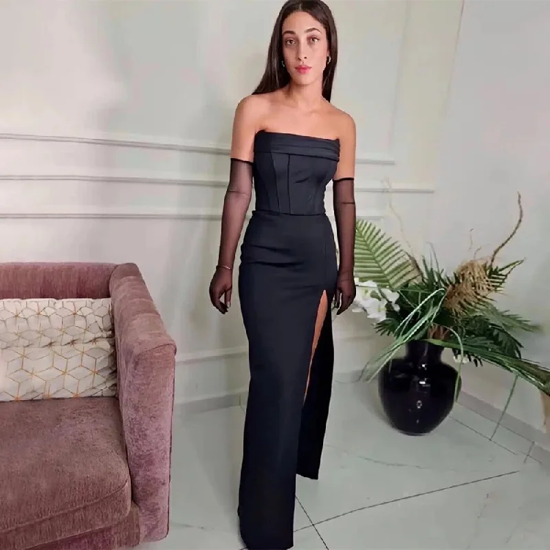 Black Satin Evening Dress with Gloves Strapless High Splie Column Evening Gowns for Women 2024 Floor Length Backless Prom Dress