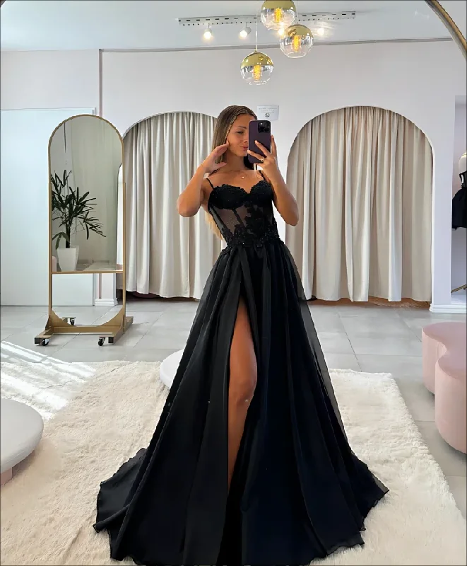 Black Sweetheart Spaghetti Straps High Slit Prom Dresses Appliques Lace Sexy Backless Illusion Formal Evening Gowns Party Dress