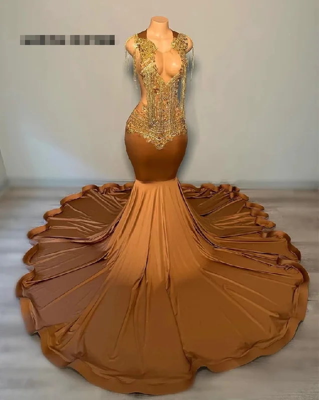 Coco Brown Mermaid Gold Rhinestones Prom Dresses For Party Wedding Evening Beaded Formal Dress V Neck Party Gowns Elegant robe