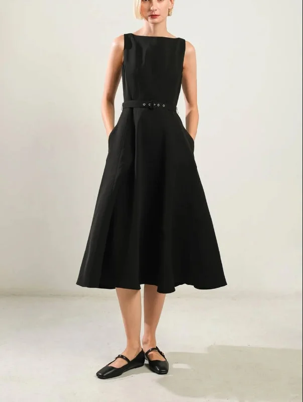 Evening Dress Featuring Boat Neckline Sleeveless Full Skirt Self Belt Side Pocket Elegant Black Formal Dress