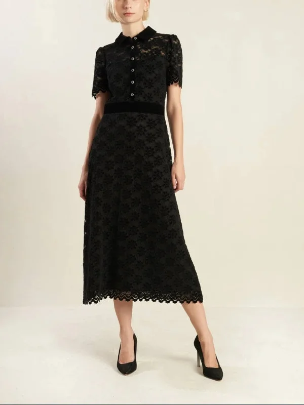 Evening Dress Lace Dress Featuring Shirt Collar Bodice Button Down Short Sleeve Back Zipper Closure Black Formal Dress