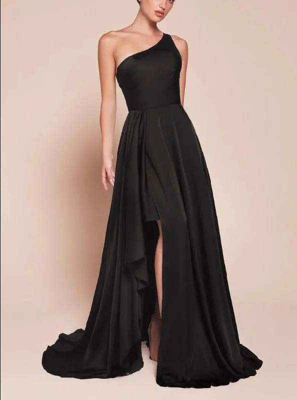 Evening Dress One Shoulder Flowing Asymmetrical Skirt Open Back Adjustable Asymmetrical Strap Side Fork Black Formal Dress