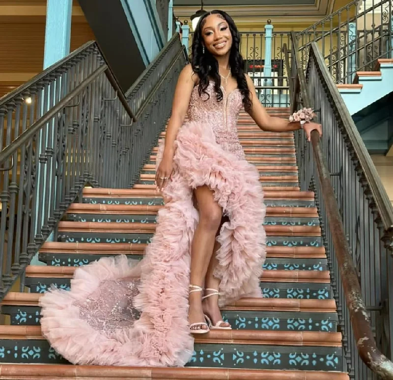 Glitter Rose Pink Ruffles Prom Dress For Black Girls Crystals Diamond Rhinestone Beaded High Slit Party Gala Gown