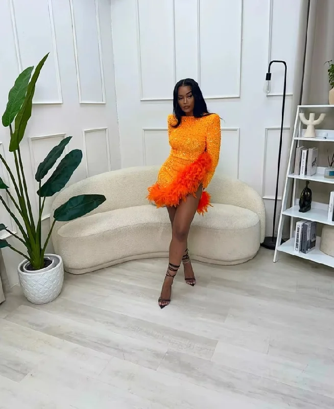 Luxury Orange Short Prom Dresses 2024 Long Sleeves Feathers Sequins Gown For Black Girls Birthday Senior Party Gowns