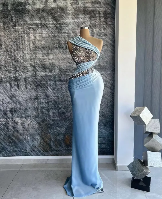 New Baby Blue Satin Halter Neck Mermaid Prom Dresses Floor-Length Sleeveless Golden Appliques Formal Evening Gown Custom