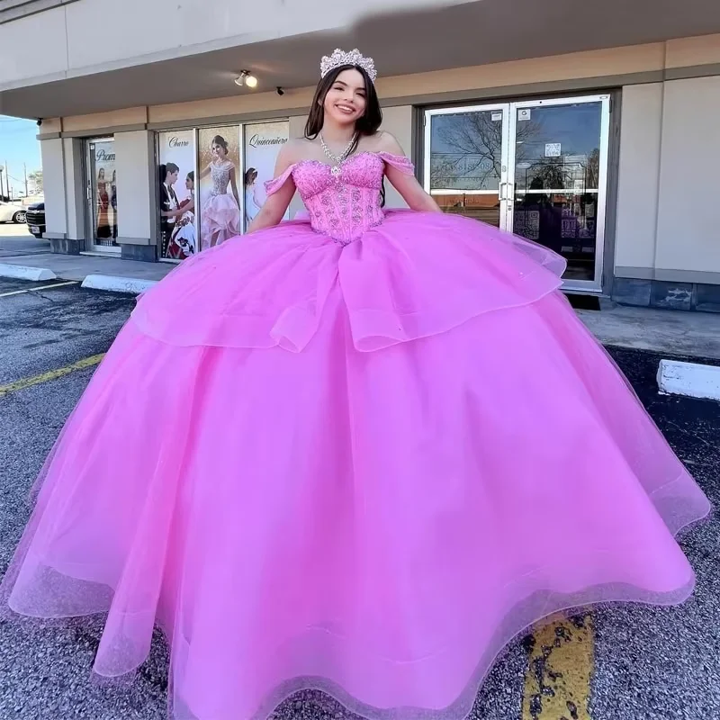 Pink Quinceanera Dresses for 15 Year 2024 Ball Gown Sexy Off the Shoulder Beads Crystal Tull Back Bow Long Party Dress for Girl