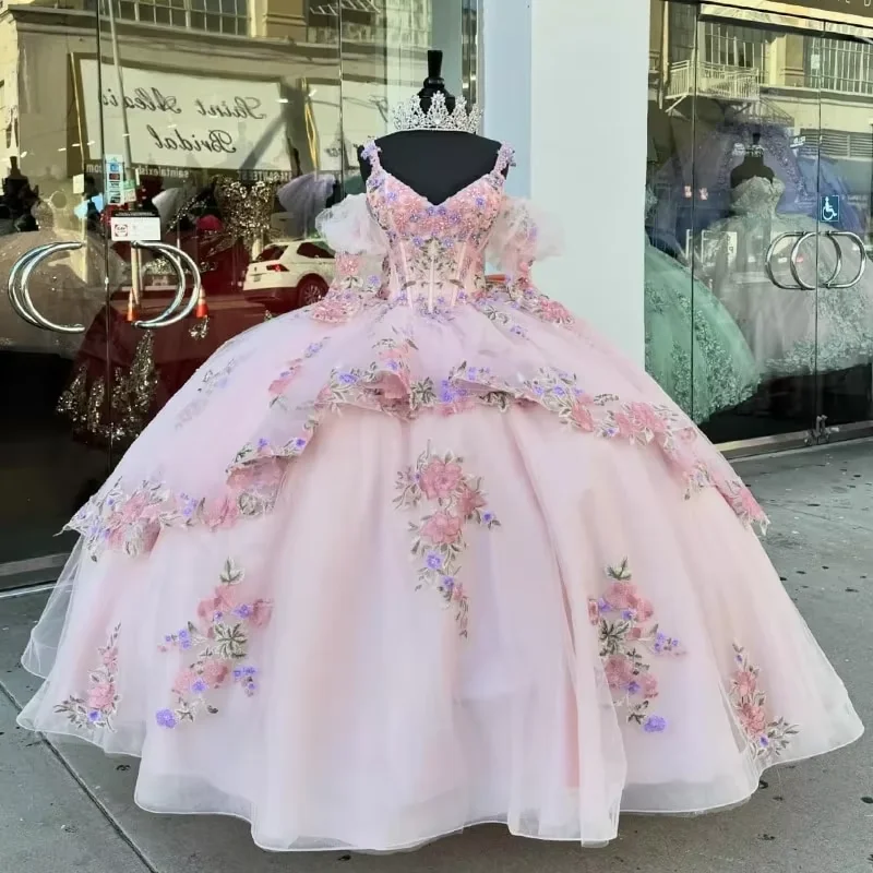 Pink Quinceanera Dresses for 16 Year 2024 Ball Gown Sexy V Neck Off the Shoulder Puff Sleeve Party Dress for Girl Vestidos De 15