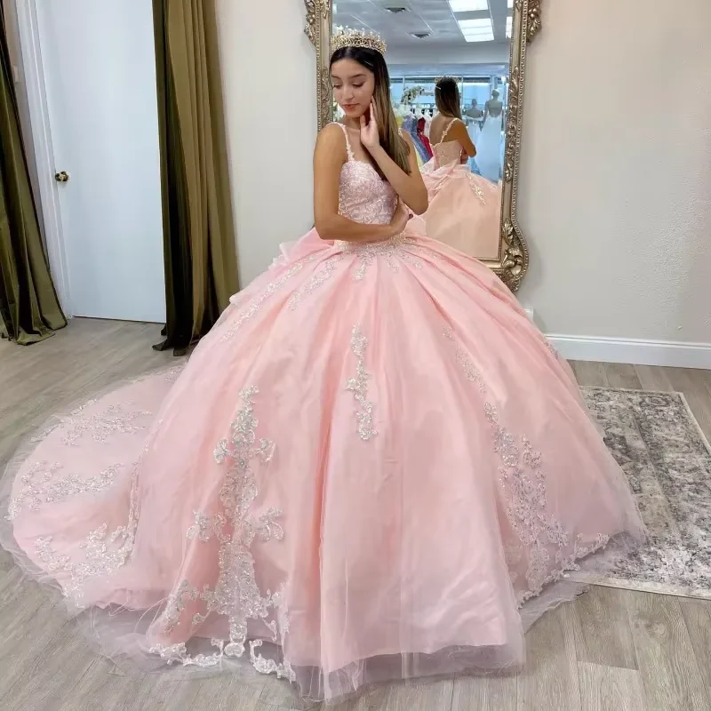 Princess Pink Ball Gown 15 Year Old Quinceanera Dresses 2025 Spaghetti Straps vestidos de xv años Girls Party Dress