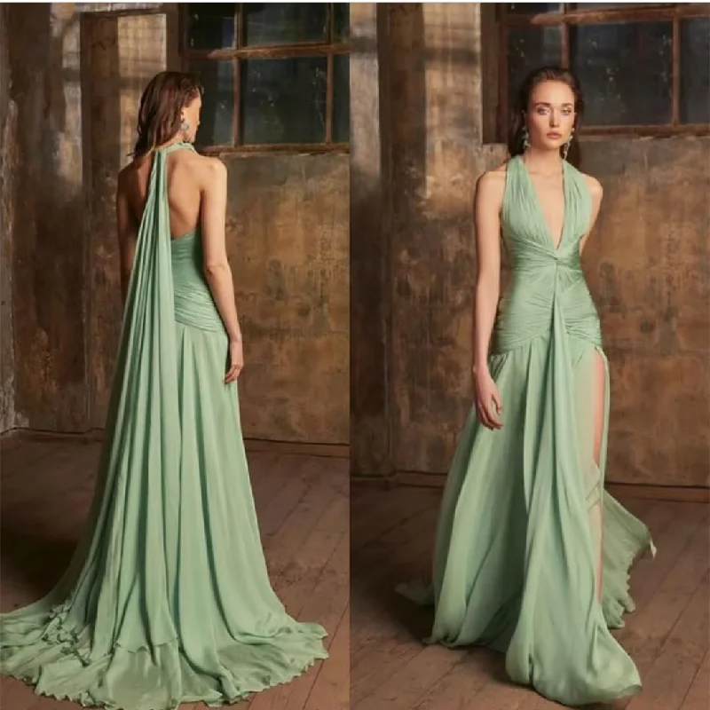 Sexy Long Chiffon Green Evening Dresses with Slit A-Line Floor Length V-Neck Pleated Open Back Formal Party Gowns for Women