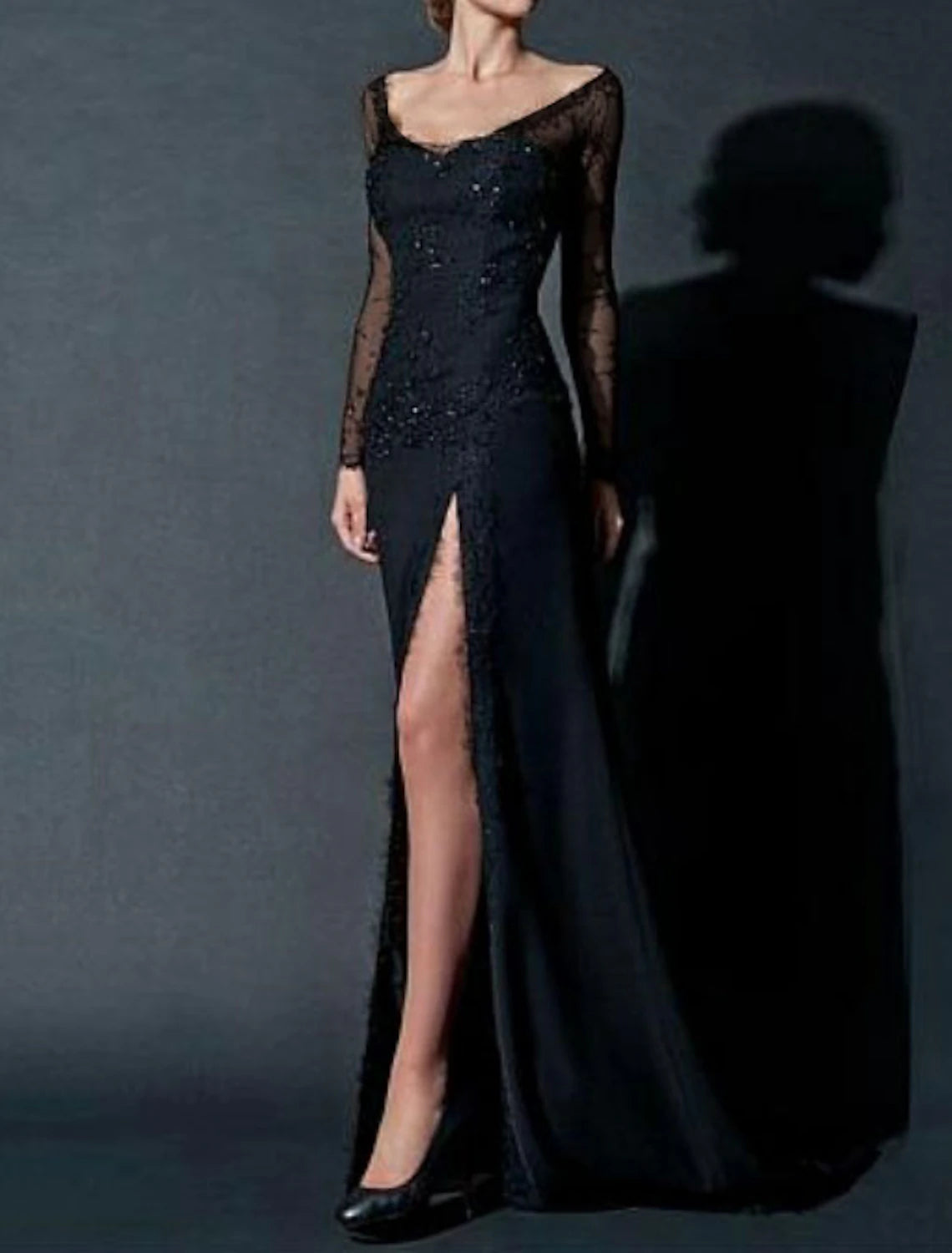 Sheath Party Dress Sexy Engagement Formal Black Dress Plus Size Evening Dress Scoop Neck Long Sleeve Floor Length Chiffon with Beading Lace Insert Split Front