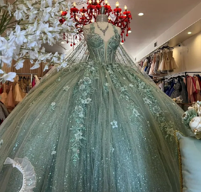 Sparkling Sage Green Lace Up Ball Gown Quinceanera Dresses 2025 With Appliques Mexico Brithday Party Vestidos De 15 Quinceañera