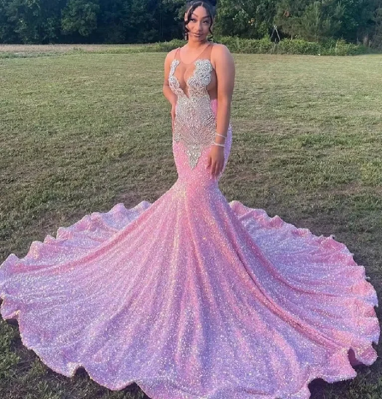 Sparkly Pink Prom Dress 2024 Sexy Mermaid Luxury Silver Diamond Black Girls Sequined Evening Gowns Robe De Soiree